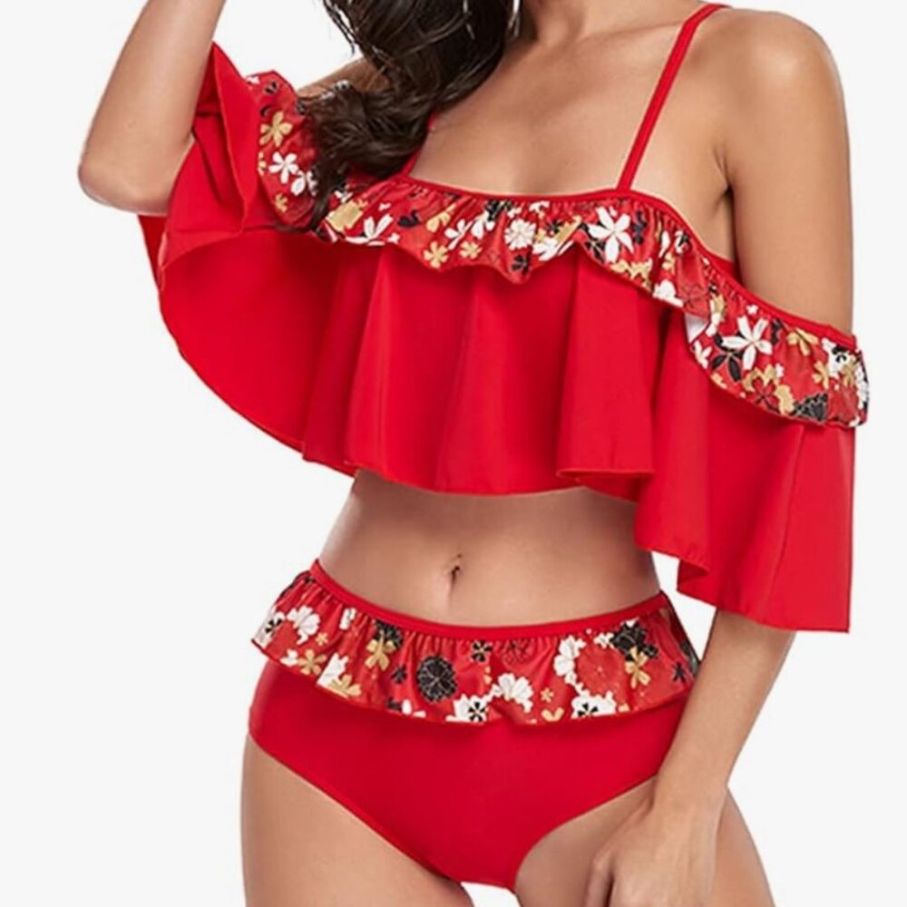 Red Floral Flounce Two-Piece Bikini Set (New without Tags) Size M